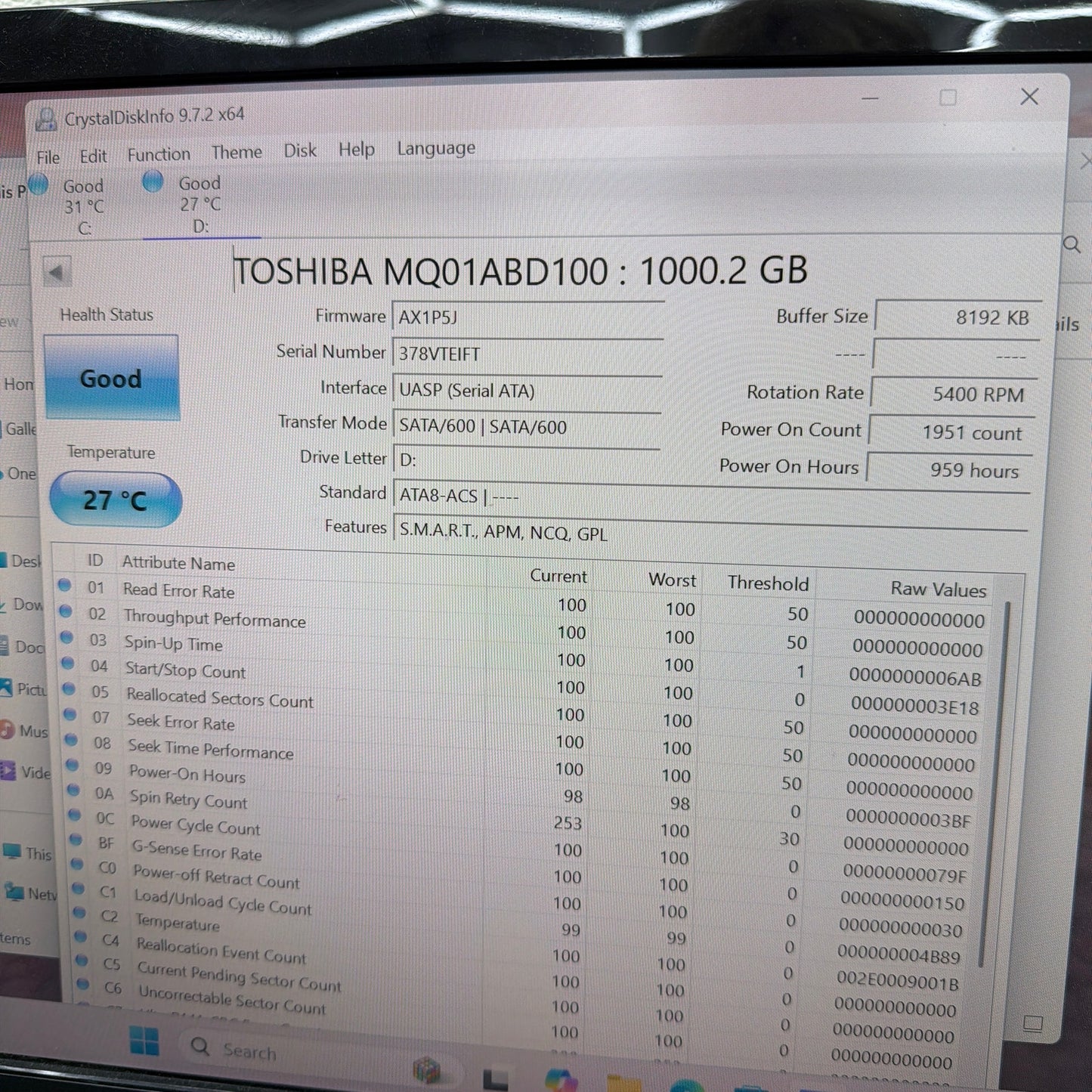 Toshiba MQ01ABD100 1TB 2.5" SATA HDD 5400RPM Tested