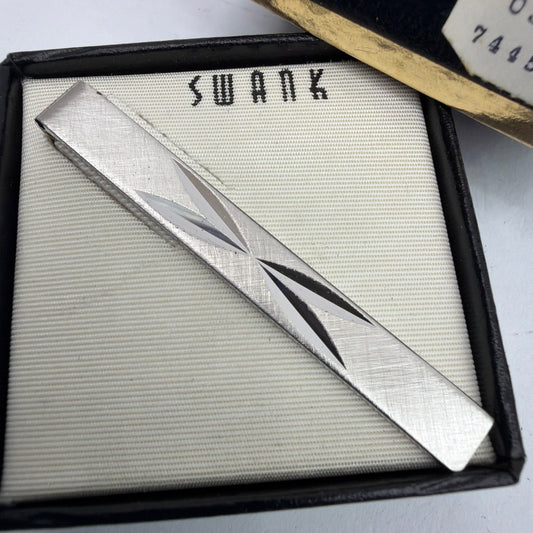 Vintage Swank Silver Tone Diamond-Cut Tie Bar Clip with Original Box