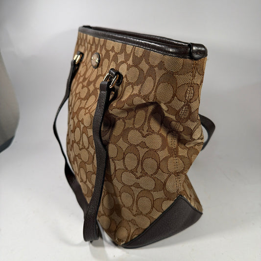 Coach Signature Jacquard Tote Shoulder Bag Brown Tan