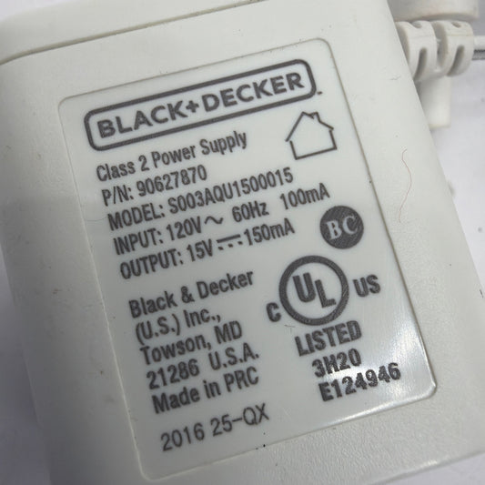 Black+Decker 15V 150mA AC Adapter Power Supply 90627870 S003AQU1500015