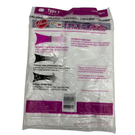 Hoover Genuine Type Y HEPA Filtration Vacuum Bags 2-Pack 4010801Y