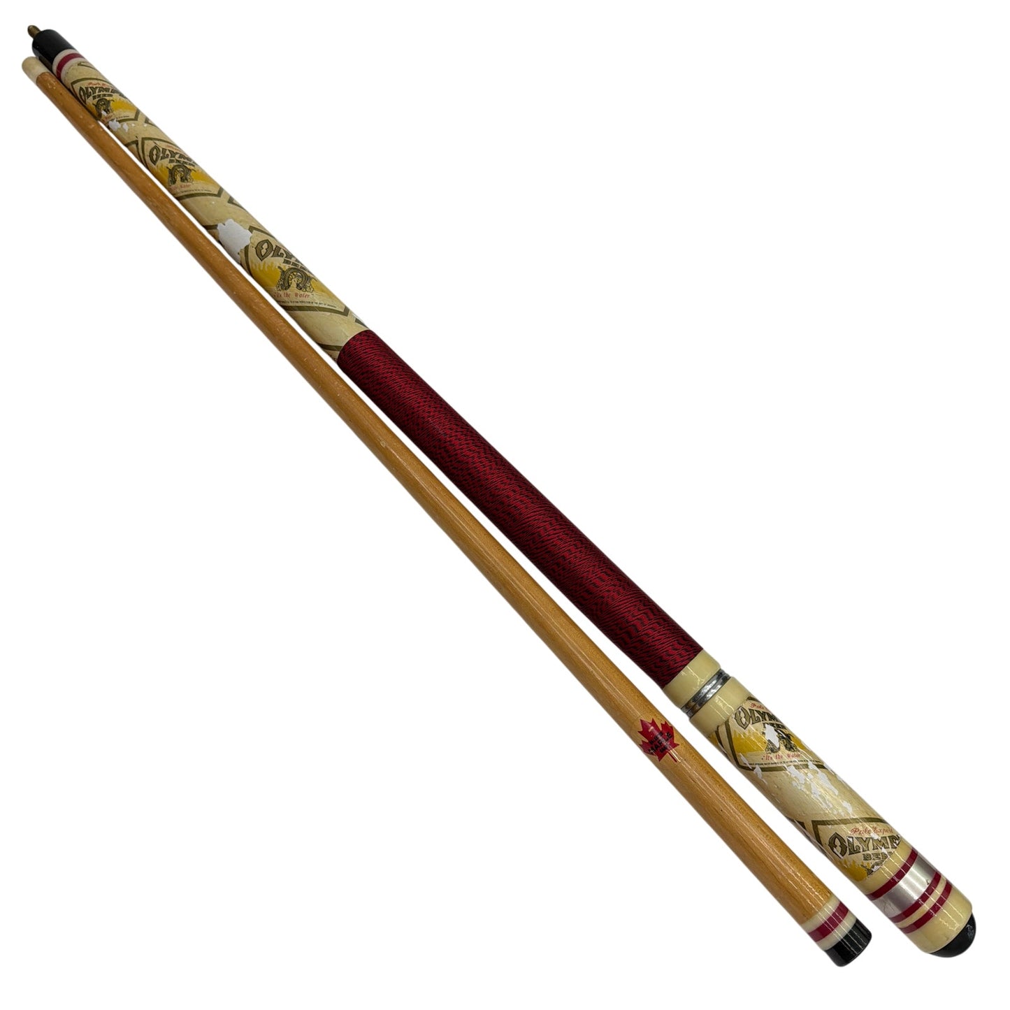 Olympia Two-Piece Pool Cue 56.5in Select Maple Shaft Red Wrap Needs Tip