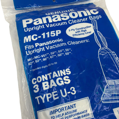 Panasonic MC-115P Upright Vacuum Cleaner Bags Type U-3 3-Pack Genuine OEM