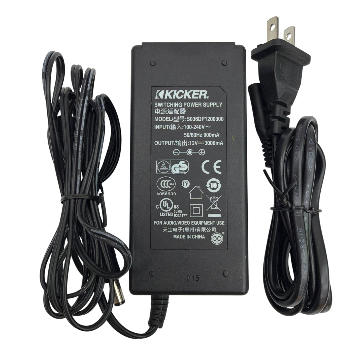 Kicker S036DP1200300 12V 3A Switching Power Supply AC Adapter with Power Cord