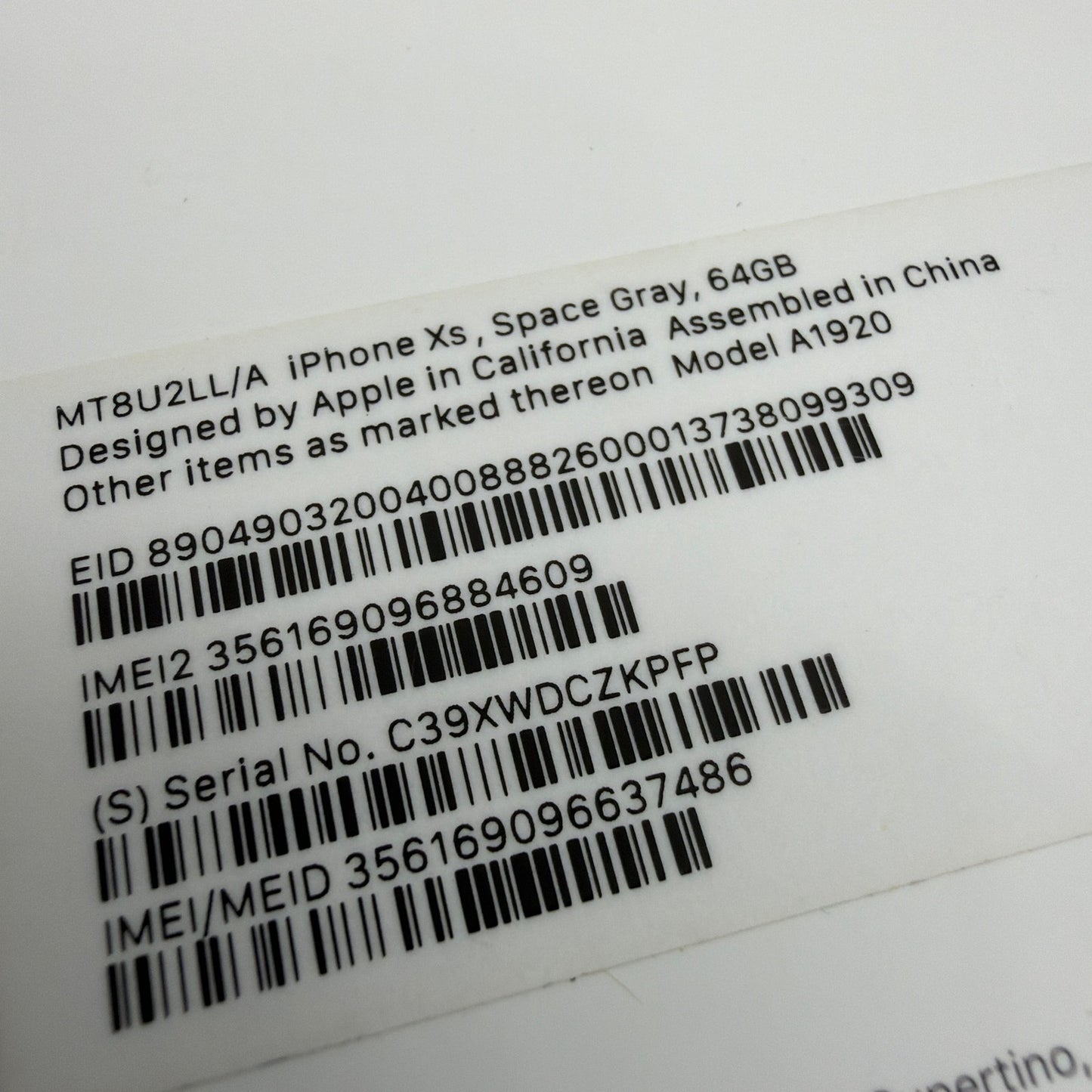 Apple iPhone XS Retail Box Only 64GB Space Gray MT8U2LL/A A1920 Stickers