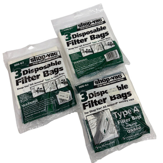 Shop‑Vac 906-67 Type A Filter Bags — Lot of 3 Packs (9 Total Bags)