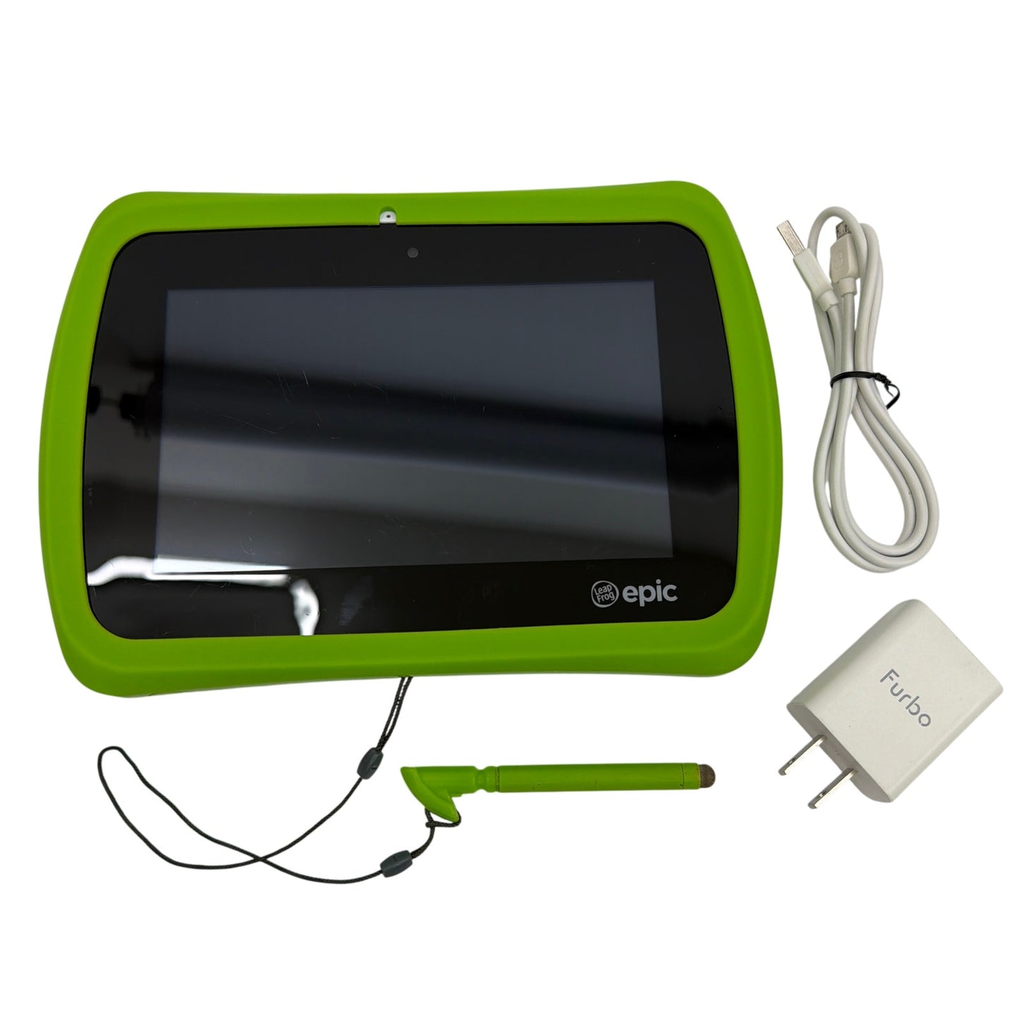 LeapFrog Epic Kids Learning Tablet with Green Case Stylus Cable Charger Tested