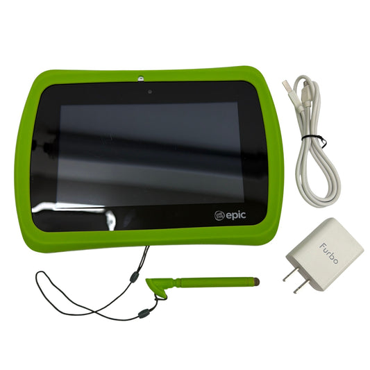 LeapFrog Epic Kids Learning Tablet with Green Case Stylus Cable Charger Tested