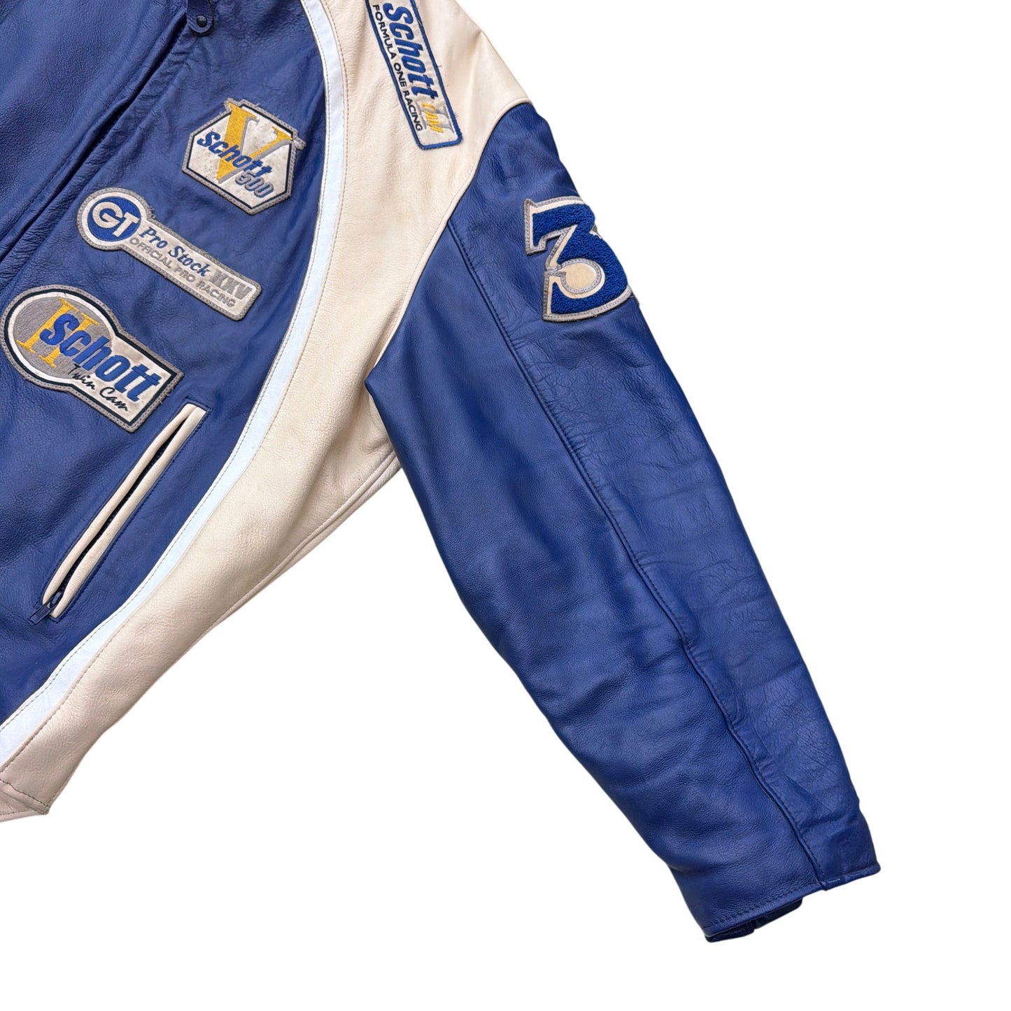 Schott NYC Formula One Racing Leather Jacket Blue/Cream Size 1X Made in USA