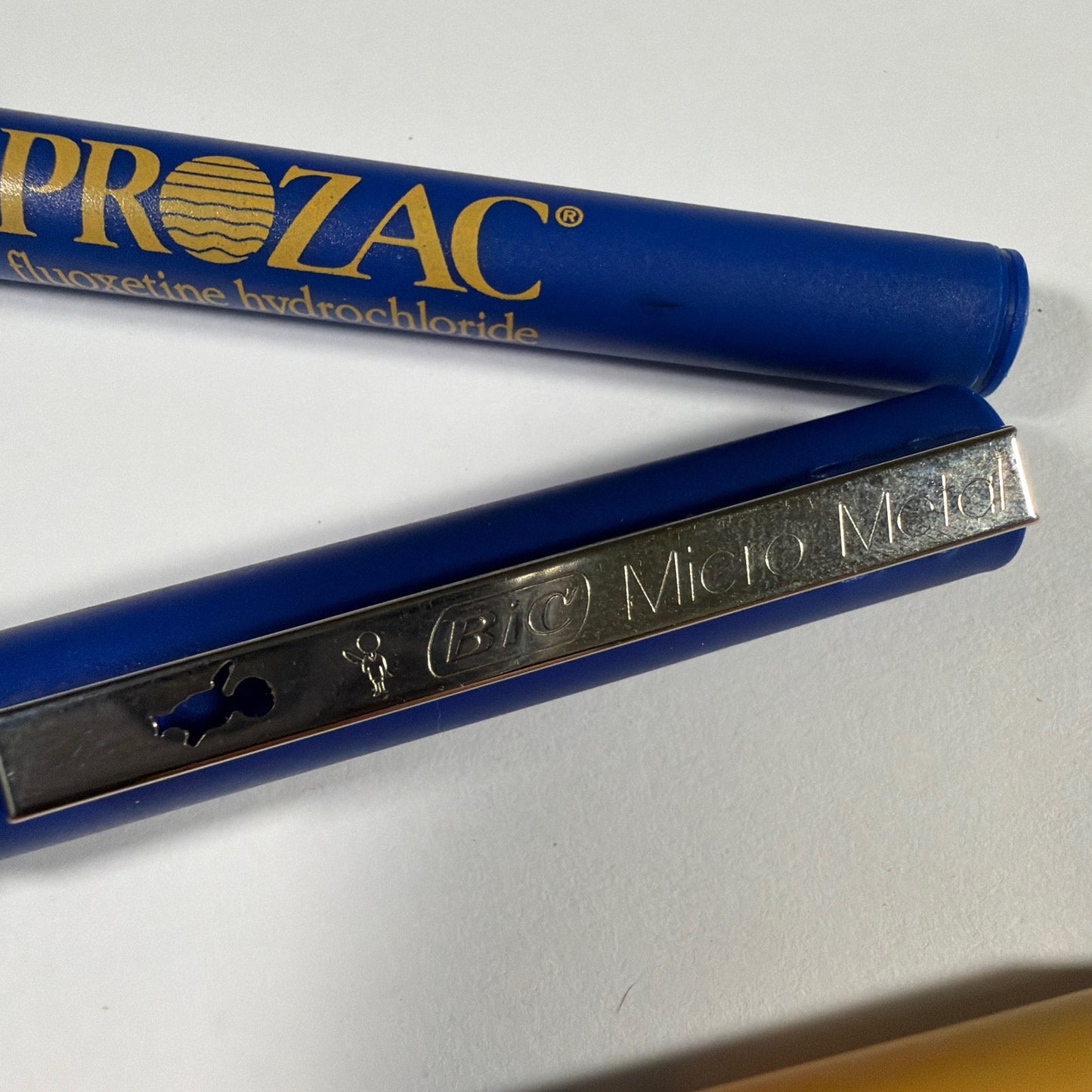 Lot of 3 Prozac Fluoxetine Hydrochloride Promo Pens BIC Micro Metal Blue Yellow