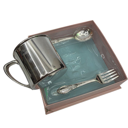 Vintage Oneida London Town Silverplate Child’s Cup, Baby Spoon & Fork Set w/ Box