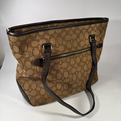 Coach Signature Jacquard Tote Shoulder Bag Brown Tan