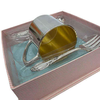 Vintage Oneida London Town Silverplate Child’s Cup, Baby Spoon & Fork Set w/ Box