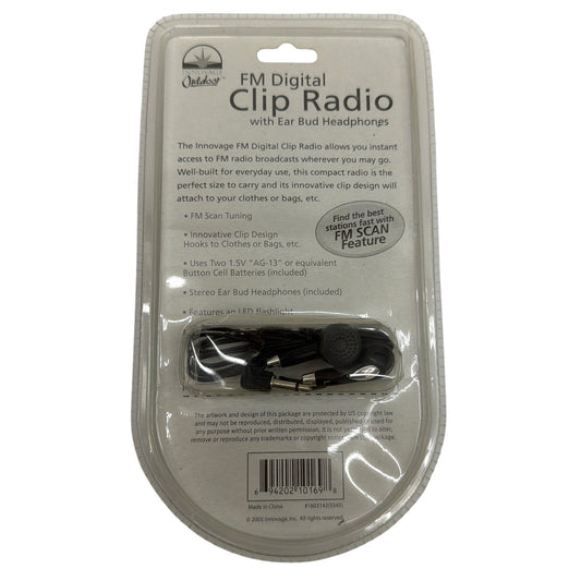 Innovage Outdoor FM Digital Clip Radio with Earbud Headphones Silver Yellow