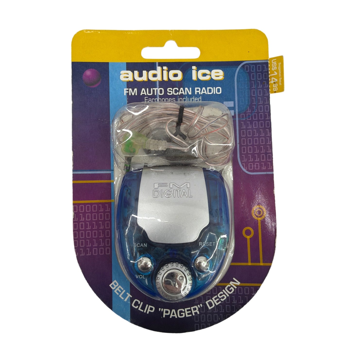 audio ice FM Auto Scan Radio Belt Clip Pager Design w/ Earphones - New Old Stock