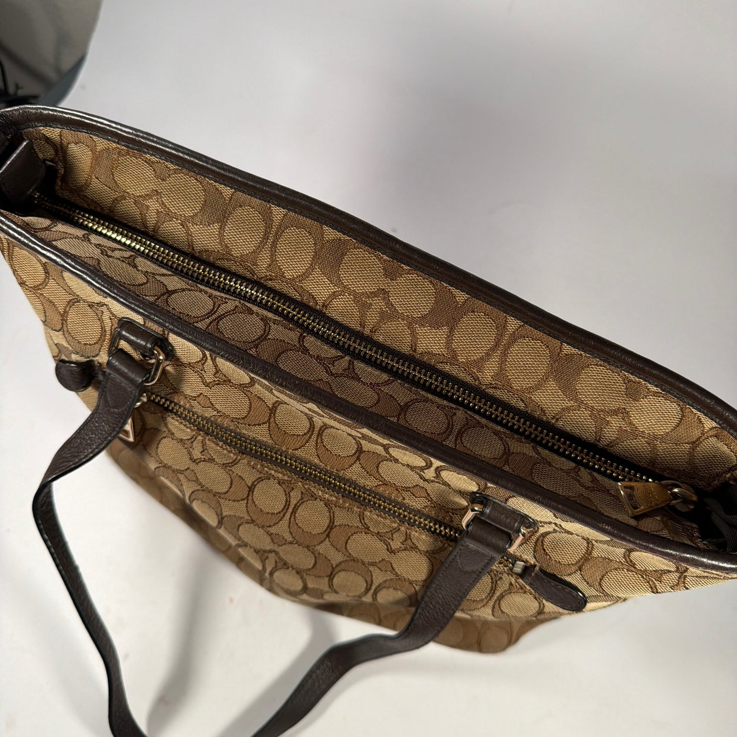 Coach Signature Jacquard Tote Shoulder Bag Brown Tan