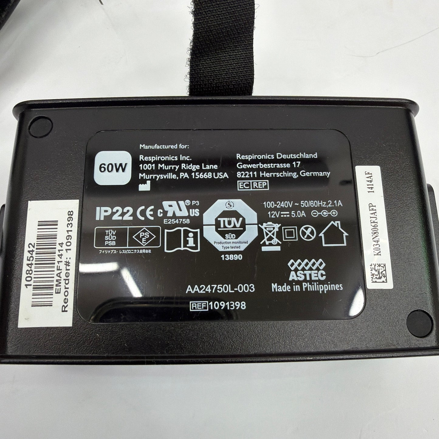 Philips Respironics 60W 12V 5A AC Adapter Power Supply AA24750L-003 REF 1091398