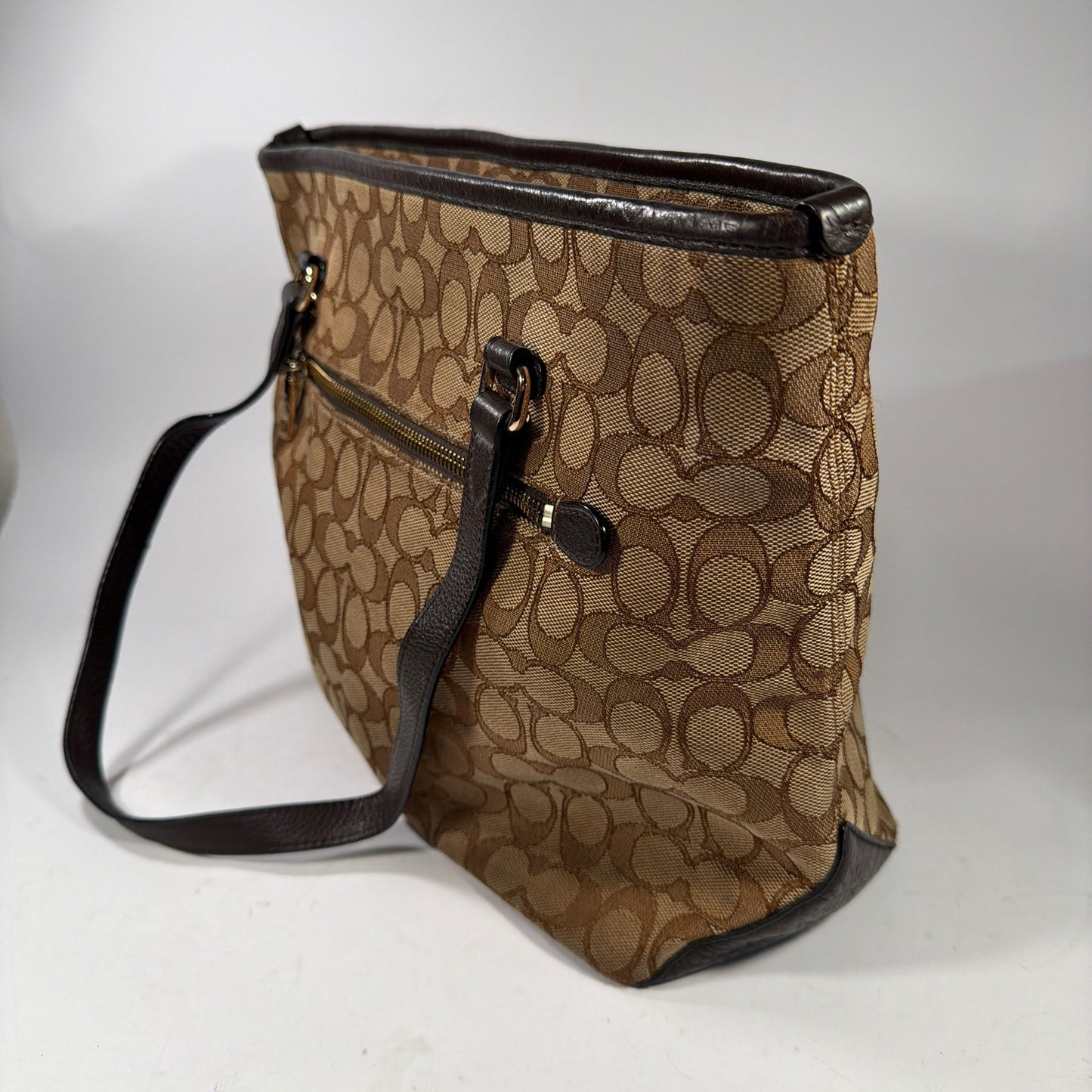 Coach Signature Jacquard Tote Shoulder Bag Brown Tan