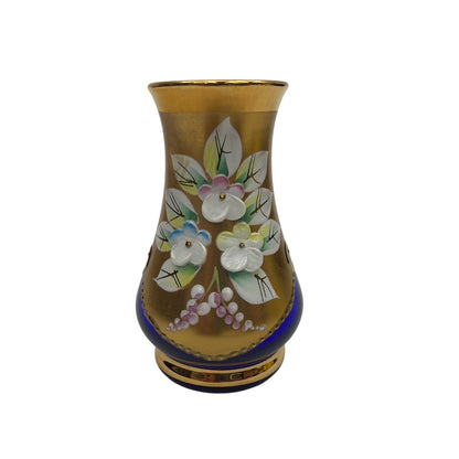 Bohemia Glass Czechoslovakia Cobalt Blue Gold Enamel Floral Bud Vase 3.5 in