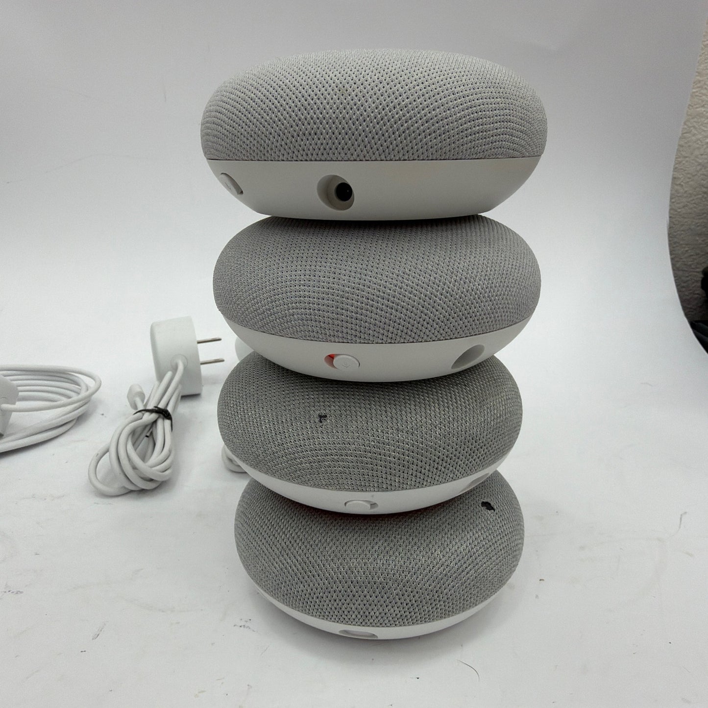 Lot of 4 Google Home Mini Smart Speakers Mixed Models Micro-USB and Barrel Power