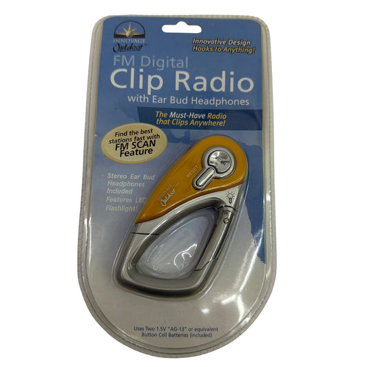 Innovage Outdoor FM Digital Clip Radio with Earbud Headphones Silver Yellow