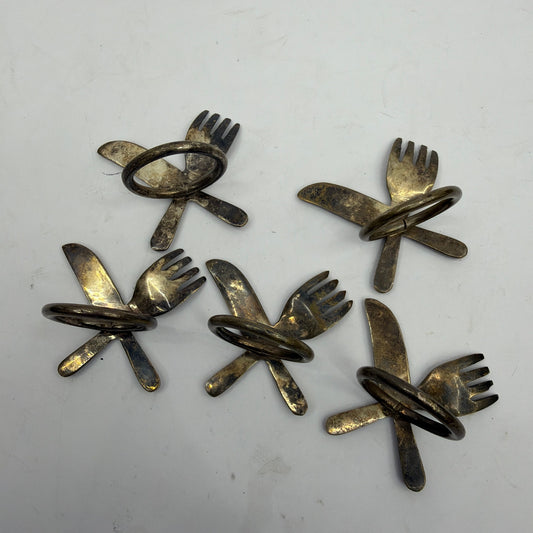 Brass-Tone Fork and Knife Napkin Rings 28mm Inner Diameter Lot of 5