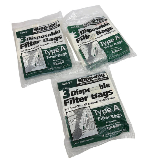 Shop‑Vac 906-67 Type A Filter Bags — Lot of 3 Packs (9 Total Bags)