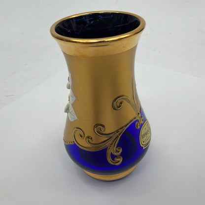 Bohemia Glass Czechoslovakia Cobalt Blue Gold Enamel Floral Bud Vase 3.5 in