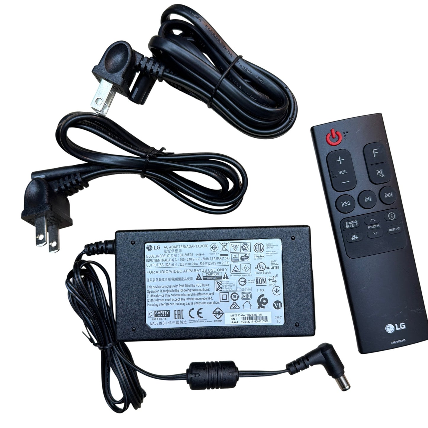 LG SN5A Wireless Soundbar with Subwoofer SPN5BM-W Remote and Power Cords