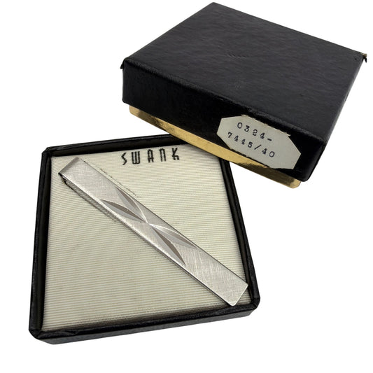 Vintage Swank Silver Tone Diamond-Cut Tie Bar Clip with Original Box