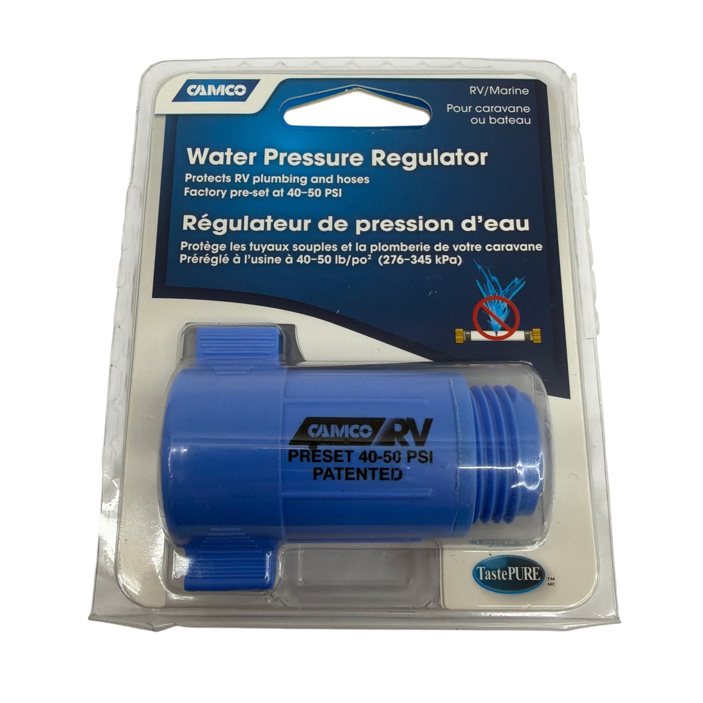 Camco 40143 RV/Marine Water Pressure Regulator Preset 40–50 PSI Blue
