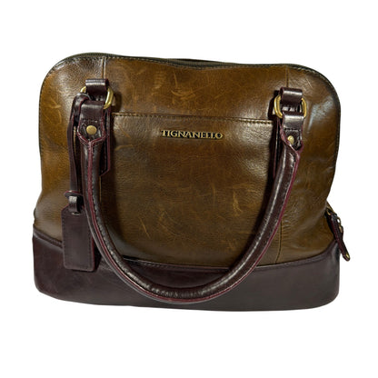Tignanello Two-Tone Leather Satchel Handbag Brown 14x5x9