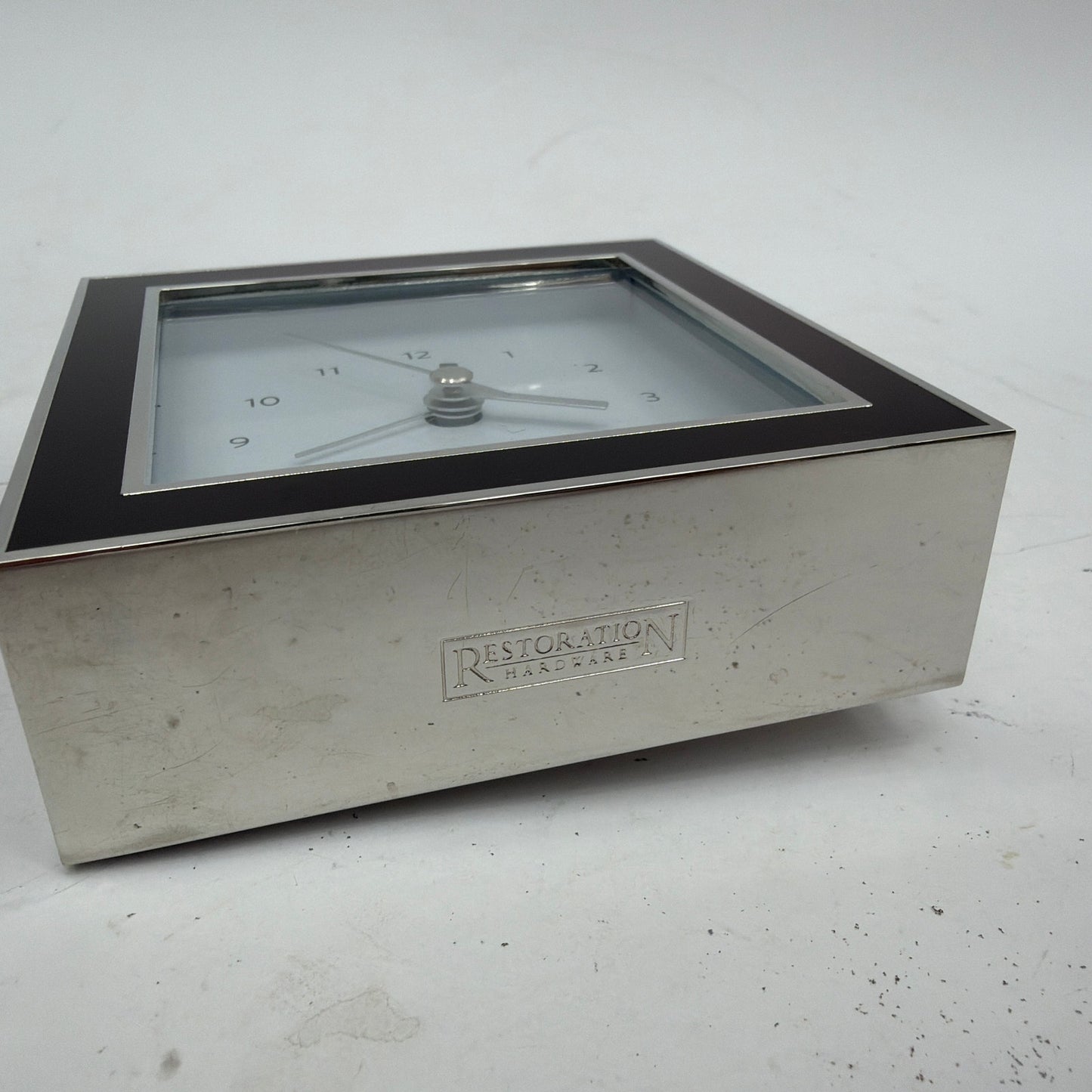 Restoration Hardware Chrome Desk Alarm Clock 4in Square Tested Working