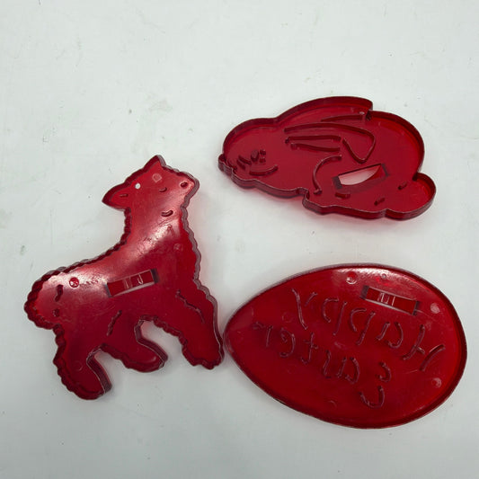 Vintage HRM Red Plastic Easter Cookie Cutters Set of 3 Bunny Lamb Happy Easter