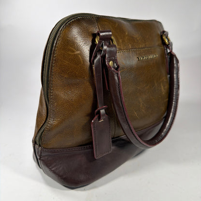 Tignanello Two-Tone Leather Satchel Handbag Brown 14x5x9