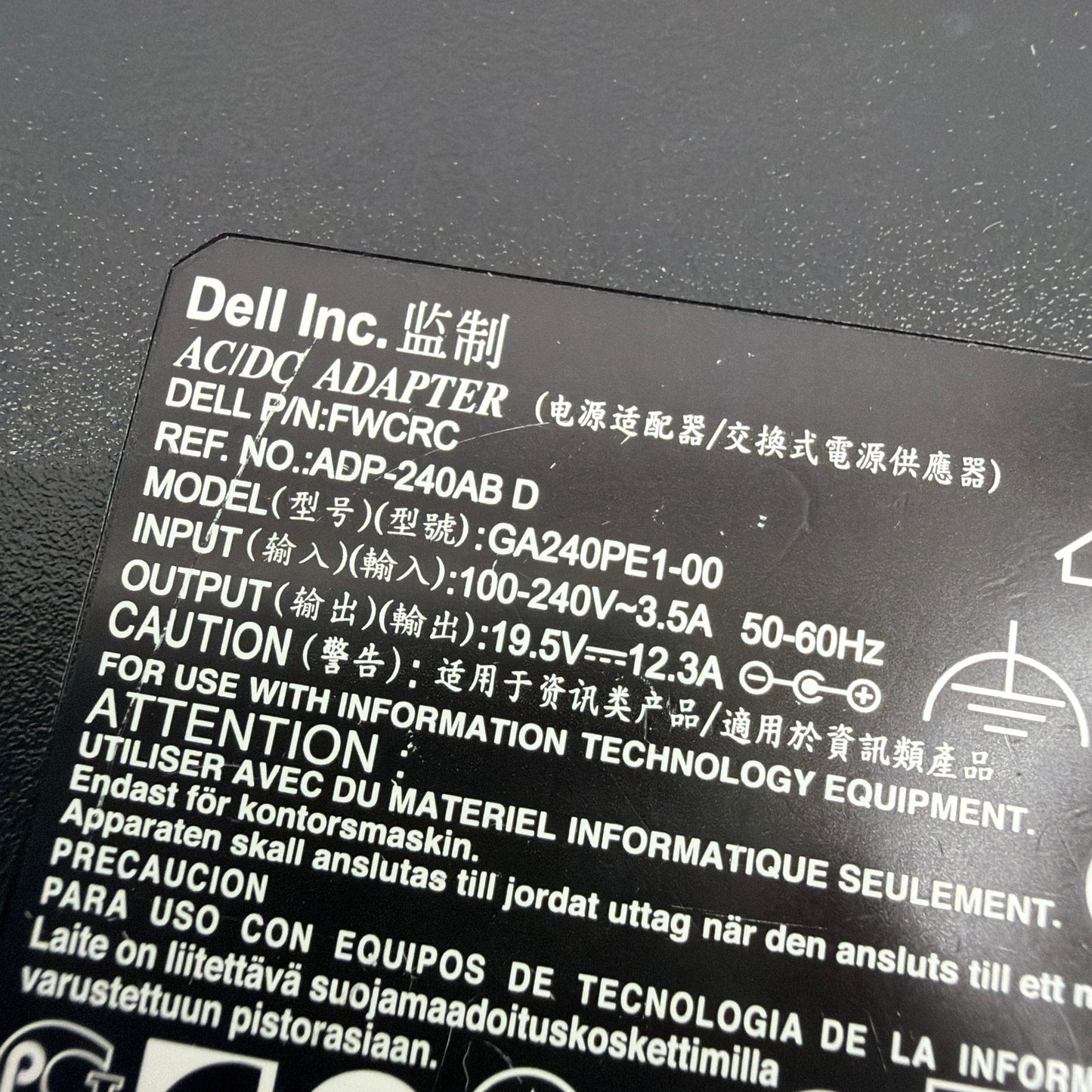 Dell GA240PE1-00 240W AC Adapter 19.5V 12.3A FWCRC with Power Cord