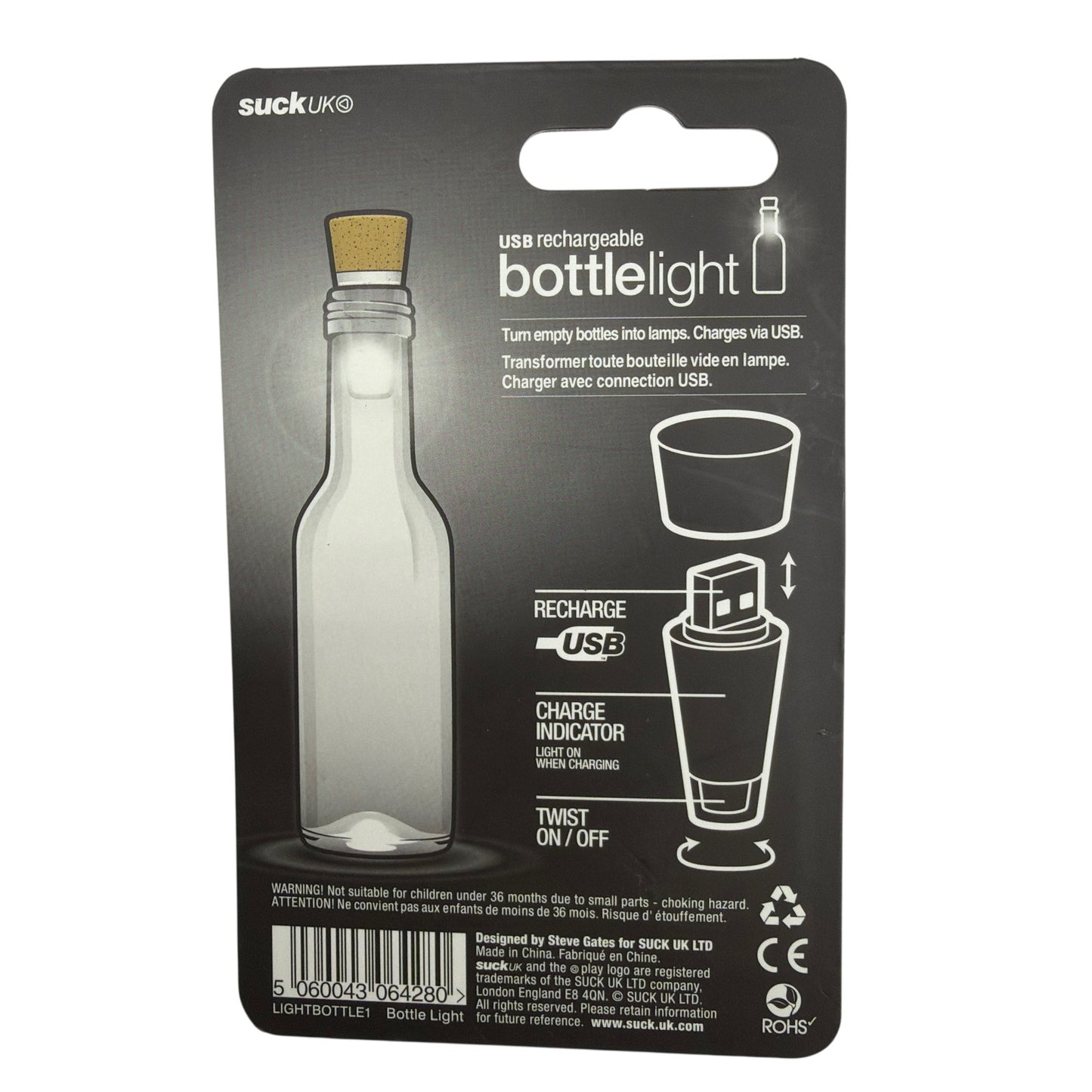 Suck UK USB Rechargeable Bottle Light LED Cork LIGHTBOTTLE1 New