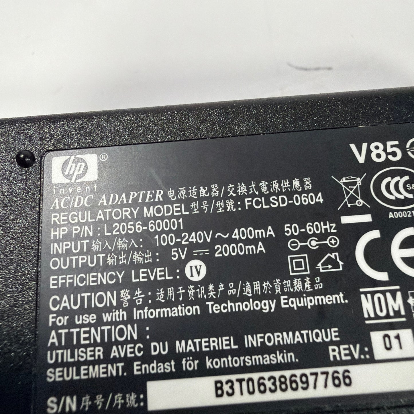 HP L2056-60001 5V 2A AC/DC Power Adapter FCLSD-0604 with AC Cord