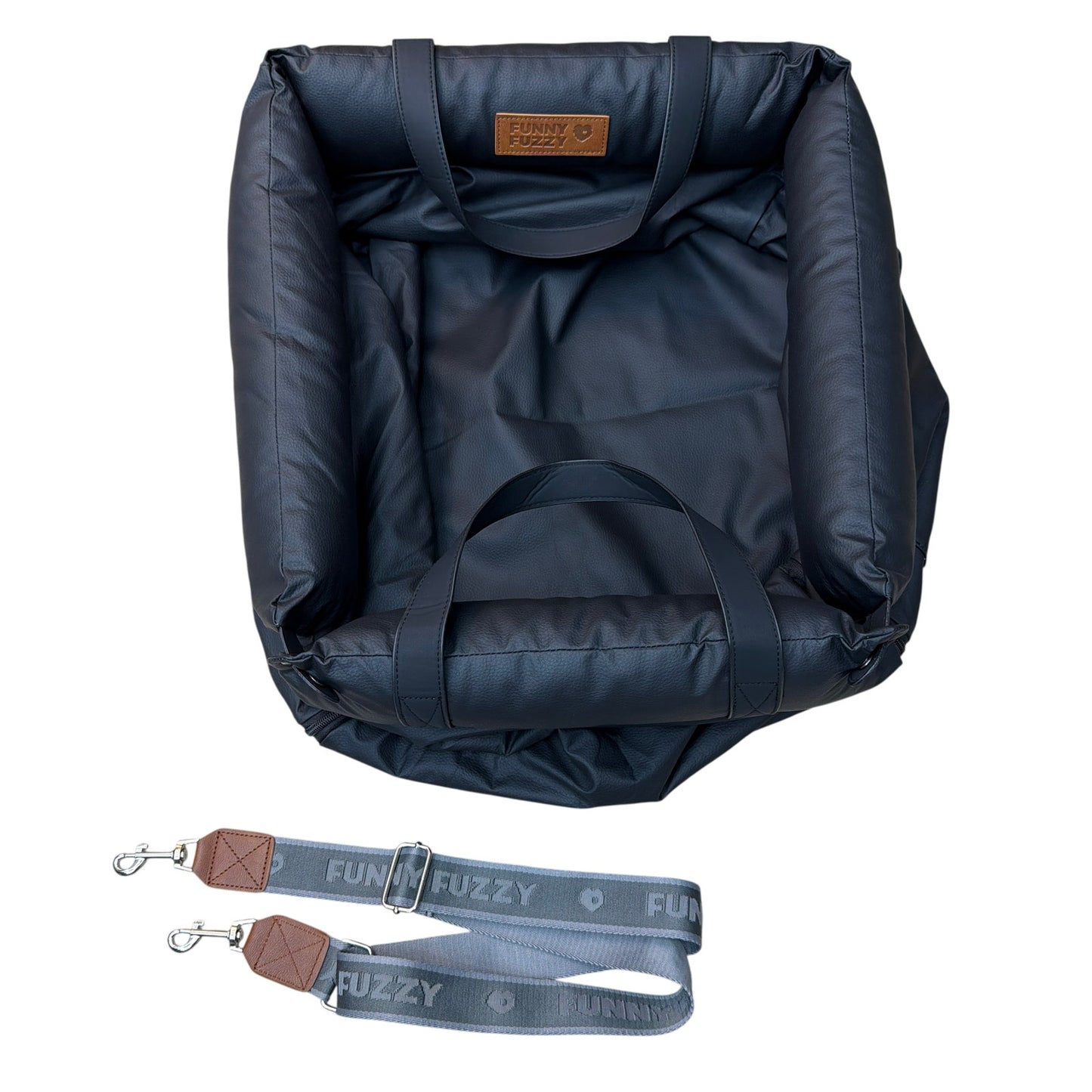 FunnyFuzzy Faux Leather Dog Car Seat Booster Bed with Straps Black/Gray