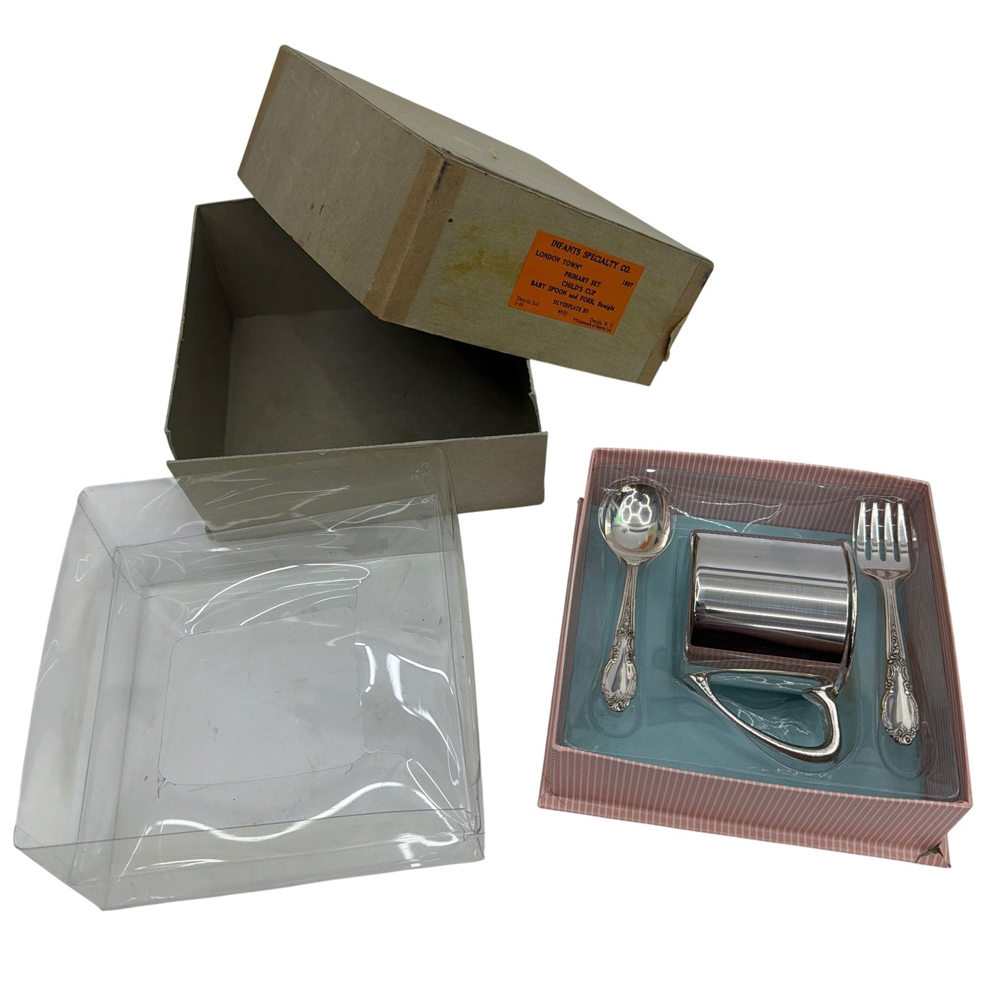 Vintage Oneida London Town Silverplate Child’s Cup, Baby Spoon & Fork Set w/ Box