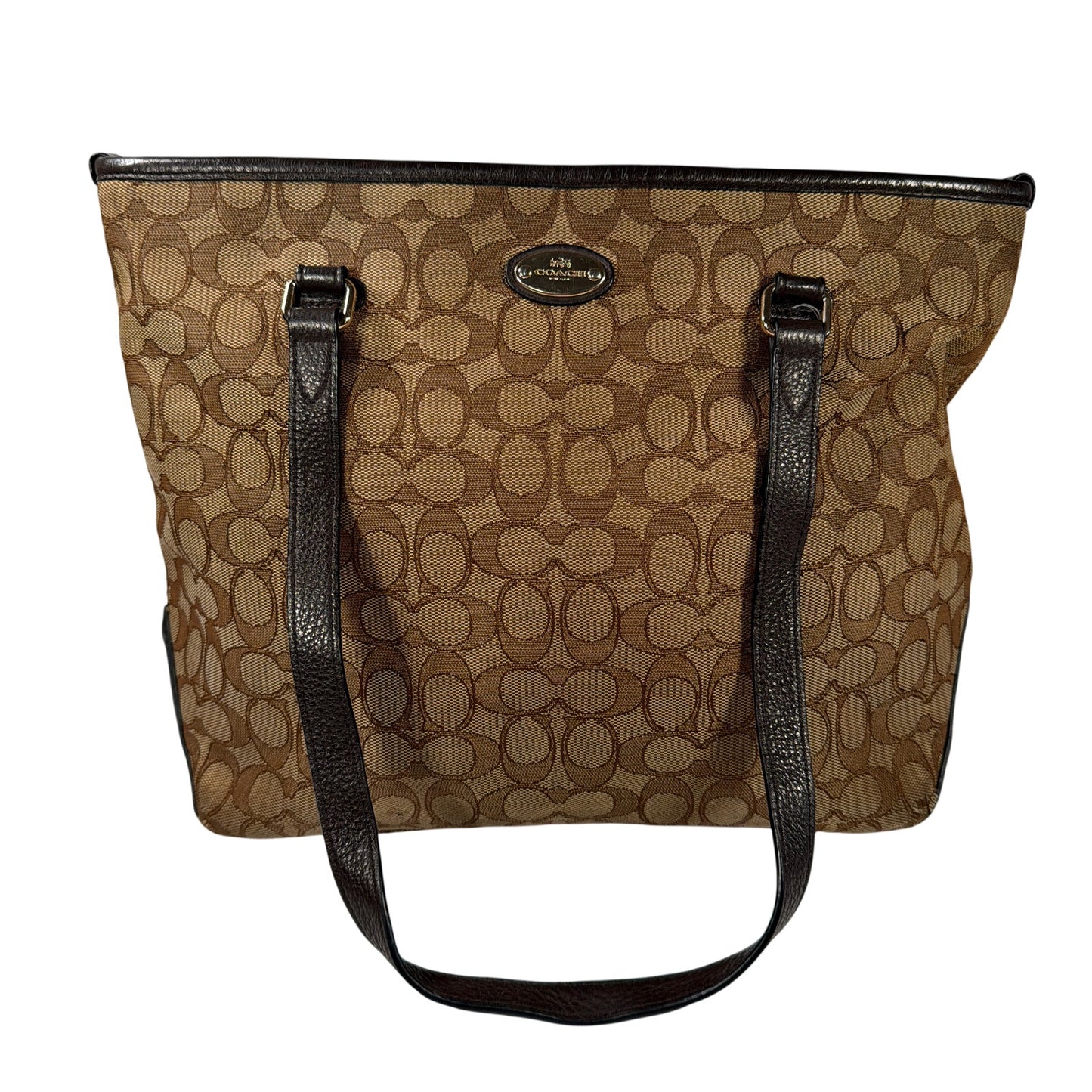 Coach Signature Jacquard Tote Shoulder Bag Brown Tan