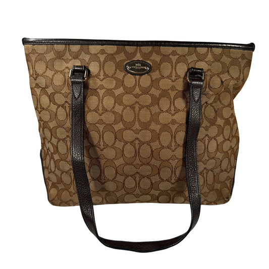 Coach Signature Jacquard Tote Shoulder Bag Brown Tan