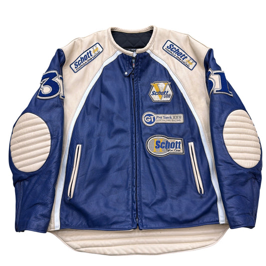Schott NYC Formula One Racing Leather Jacket Blue/Cream Size 1X Made in USA