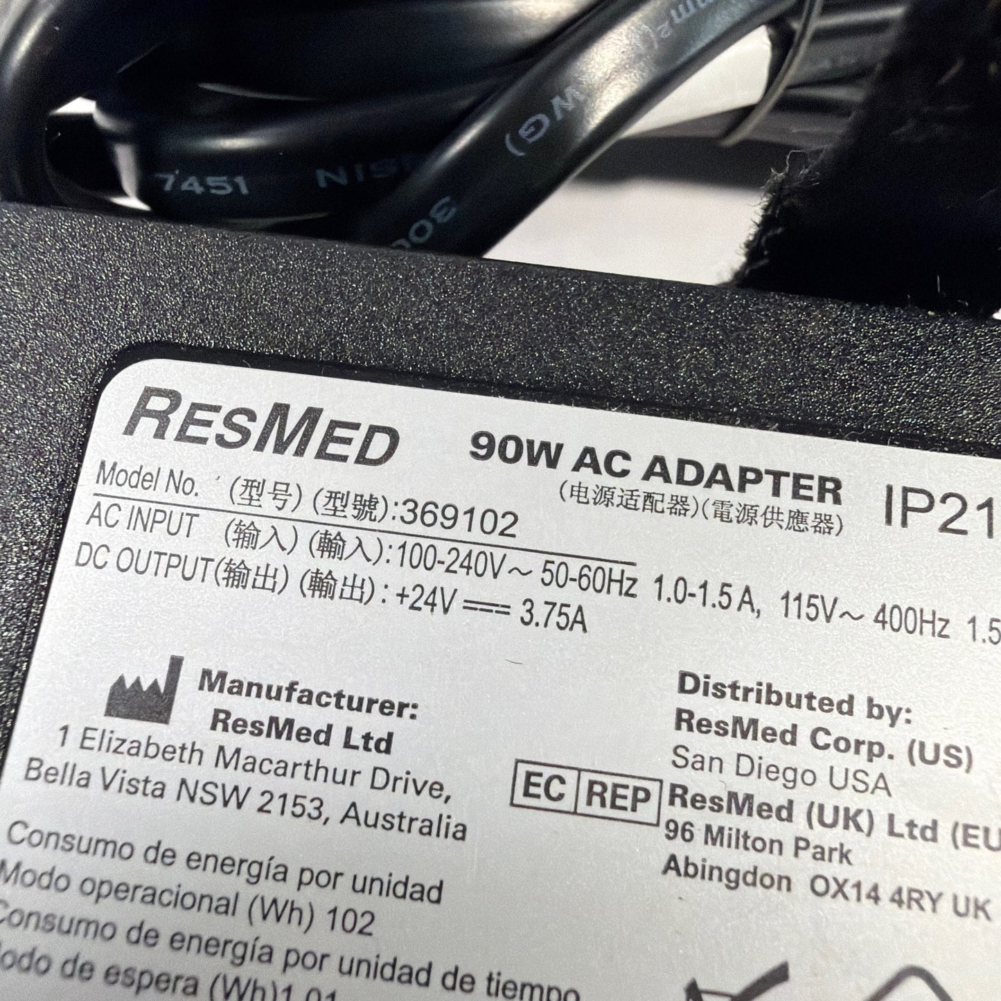 ResMed 369102 90W 24V 3.75A 3-Pin AC Adapter Power Supply