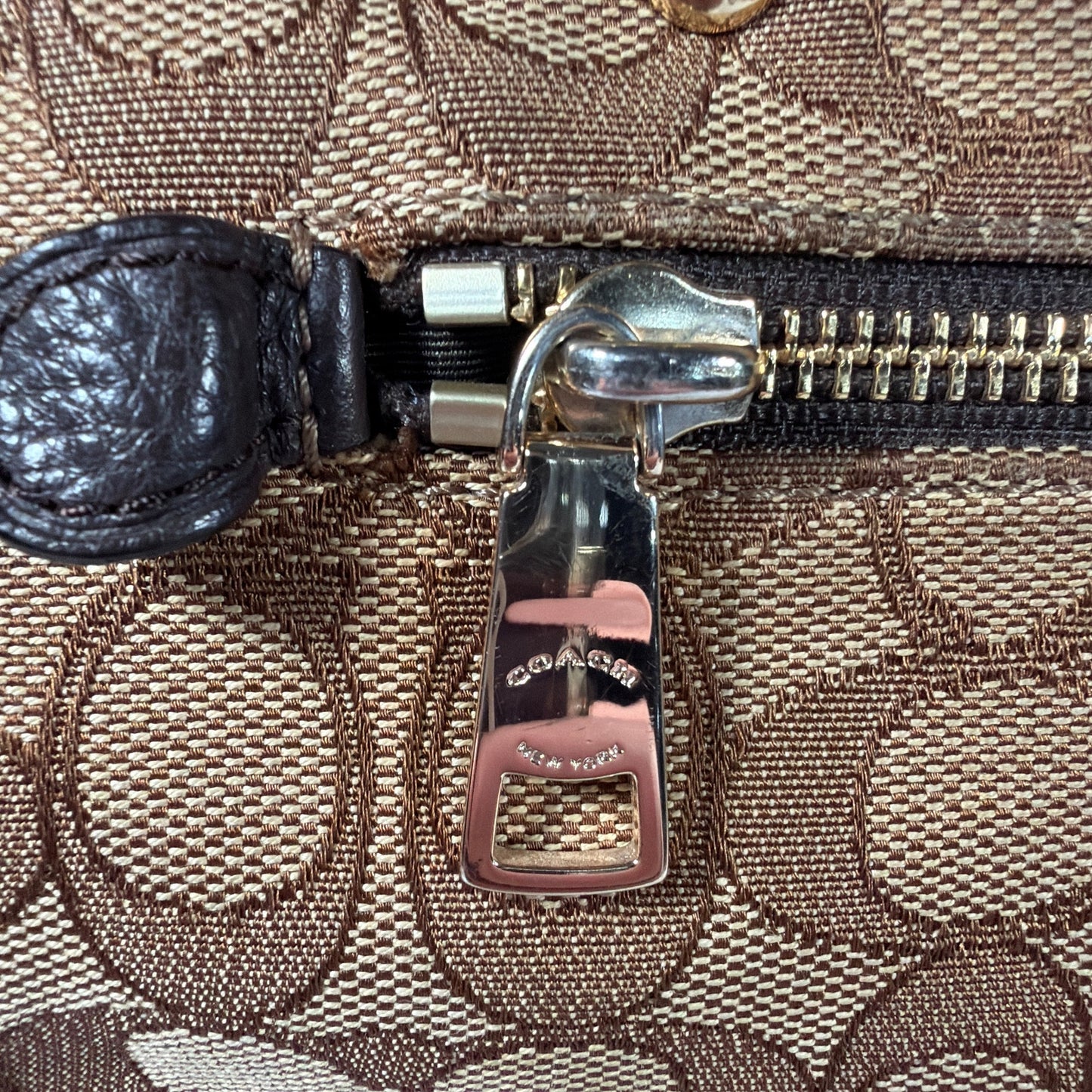 Coach Signature Jacquard Tote Shoulder Bag Brown Tan