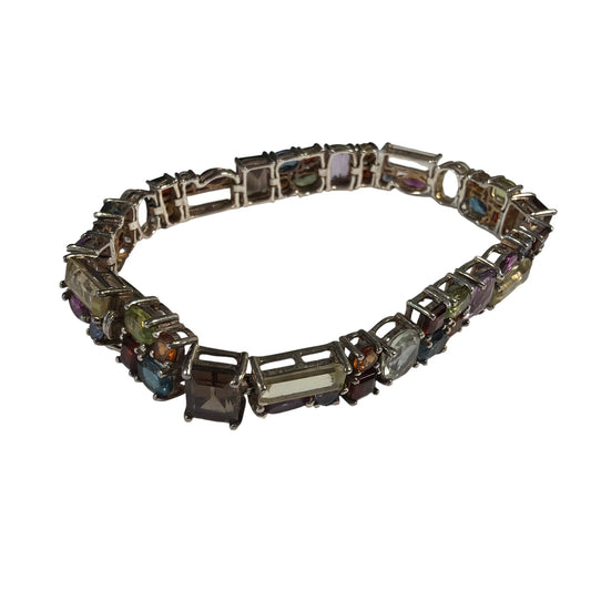 925 Sterling Silver Multicolor Gemstone Tennis Bracelet 7.5 Inch
