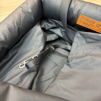 FunnyFuzzy Faux Leather Dog Car Seat Booster Bed with Straps Black/Gray