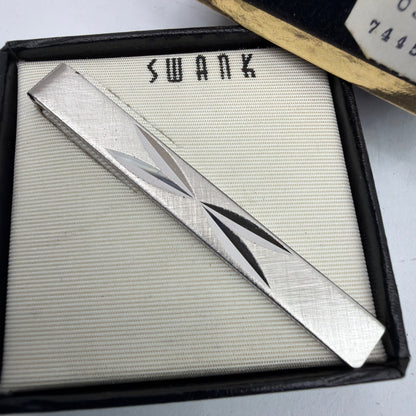 Vintage Swank Silver Tone Diamond-Cut Tie Bar Clip with Original Box