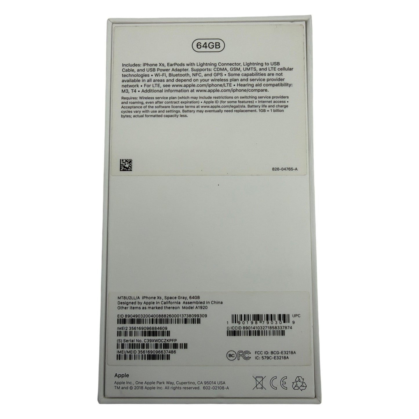 Apple iPhone XS Retail Box Only 64GB Space Gray MT8U2LL/A A1920 Stickers