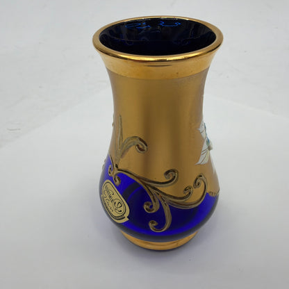 Bohemia Glass Czechoslovakia Cobalt Blue Gold Enamel Floral Bud Vase 3.5 in